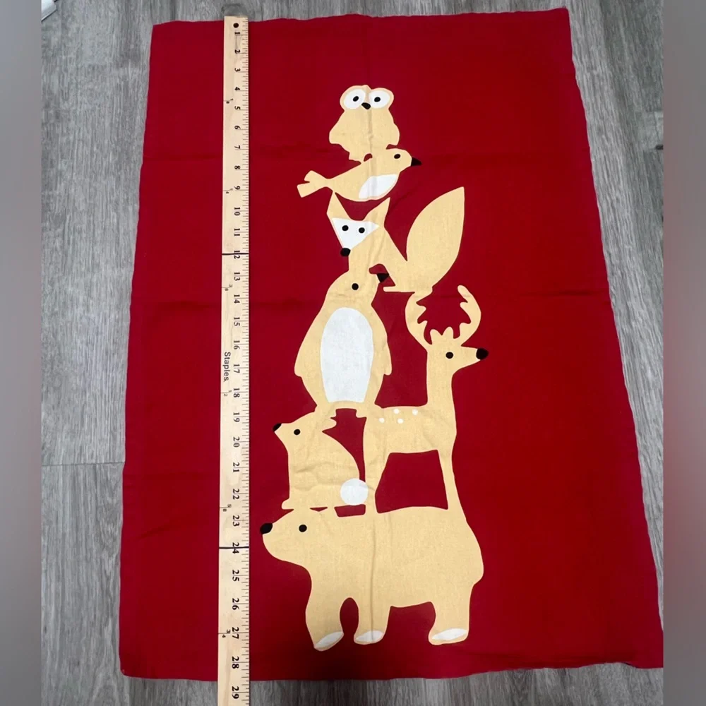 Crate&Barrel Christmas Red Kitchen Towel‎ w/ Winter Critters